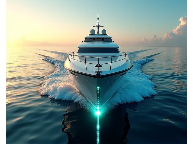 Autonomous yacht navigating calm water, displaying digital overlays of its path, sensors, and obstacle detection on a transparent screen. Future-forward aesthetic.