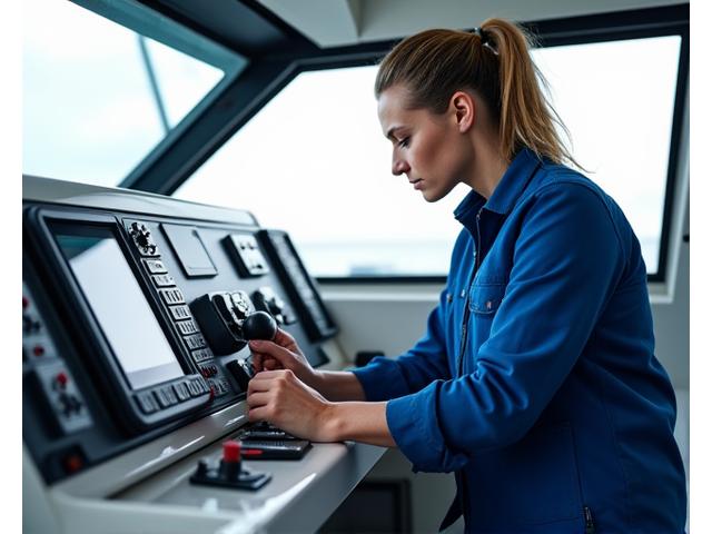 Marine technician working meticulously on a boat's helm, installing modern electronic equipment with cables neatly organized. Focus on precision and professionalism.