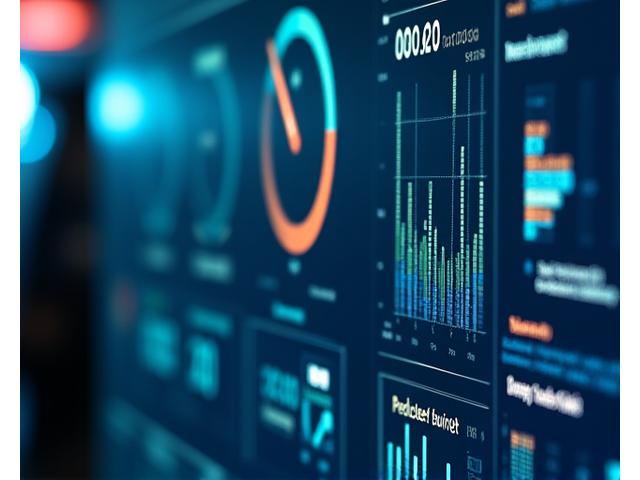 Digital dashboard showing marine engine analytics, predictive fault indicators, and maintenance schedules. Data visualization in blues and greens.