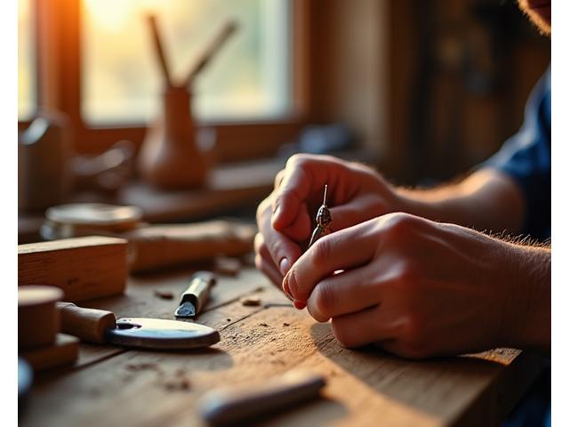 Close-up of a master craftsman hand-carving a wooden fishing lure, surrounded by tools and lure parts in a warm workshop.