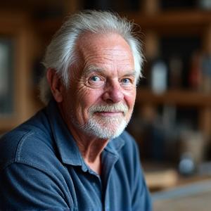 Portrait of John 'The Carver' Davison, a seasoned lure craftsman with a friendly, wise expression.