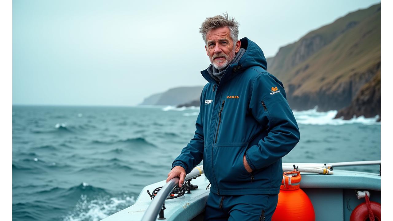 Angler on boat wearing high-quality waterproof fishing apparel in rough seas off the Devon coast