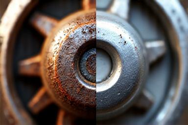 Split image showing a rusty reel component next to a shiny, new replacement