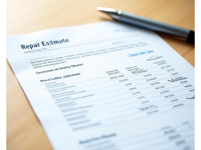 Image of a detailed repair estimate document with financial information and a pen