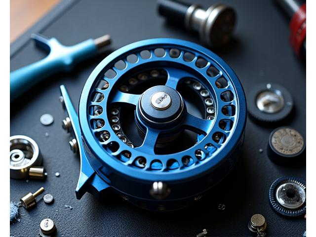 Detailed shot of an open fishing reel with gears and bearings being cleaned and inspected