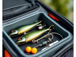 Organized fishing tackle box filled with lures, tools, and accessories.
