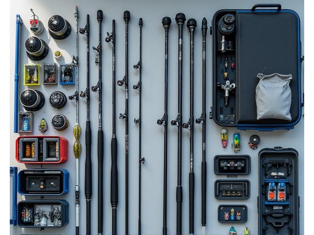 A collection of high-quality fishing rods, reels, and tackle laid out neatly on a boat deck.