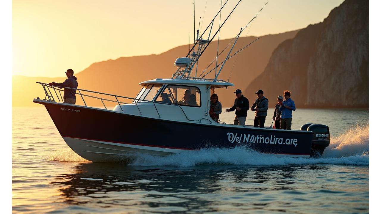 A charter boat gliding through calm Devon waters at sunrise, with anglers actively fishing on deck.