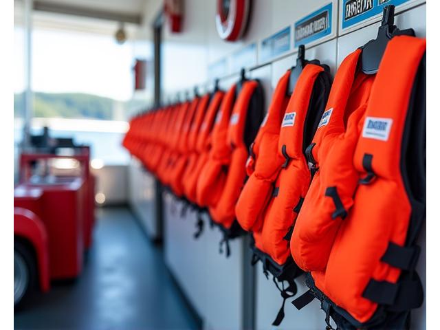 Life jackets neatly stacked on a modern charter boat, with safety signage visible.