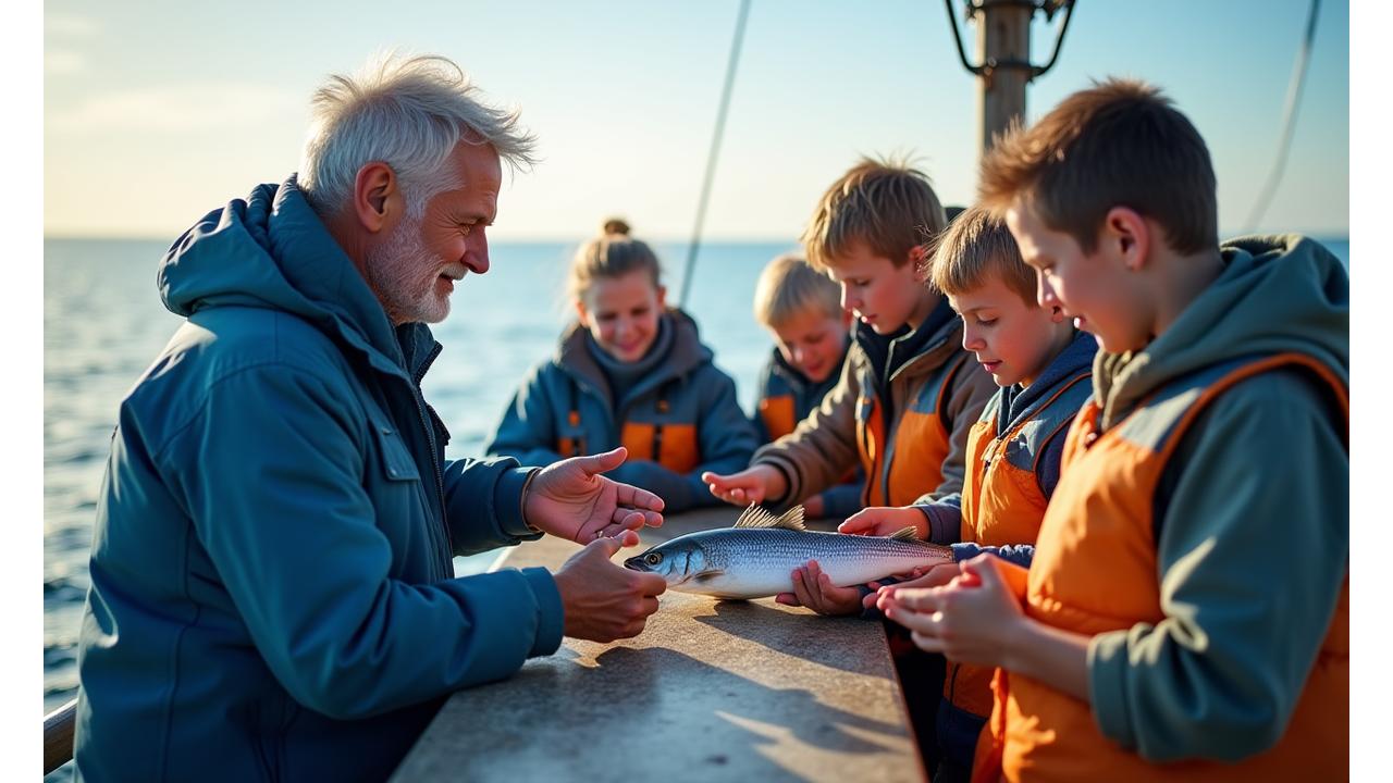 Experienced skipper teaching sustainable fishing techniques to a group