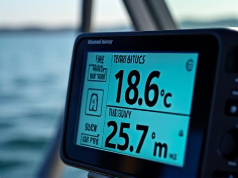 Digital display showing water temperature and depth, crucial for fishing