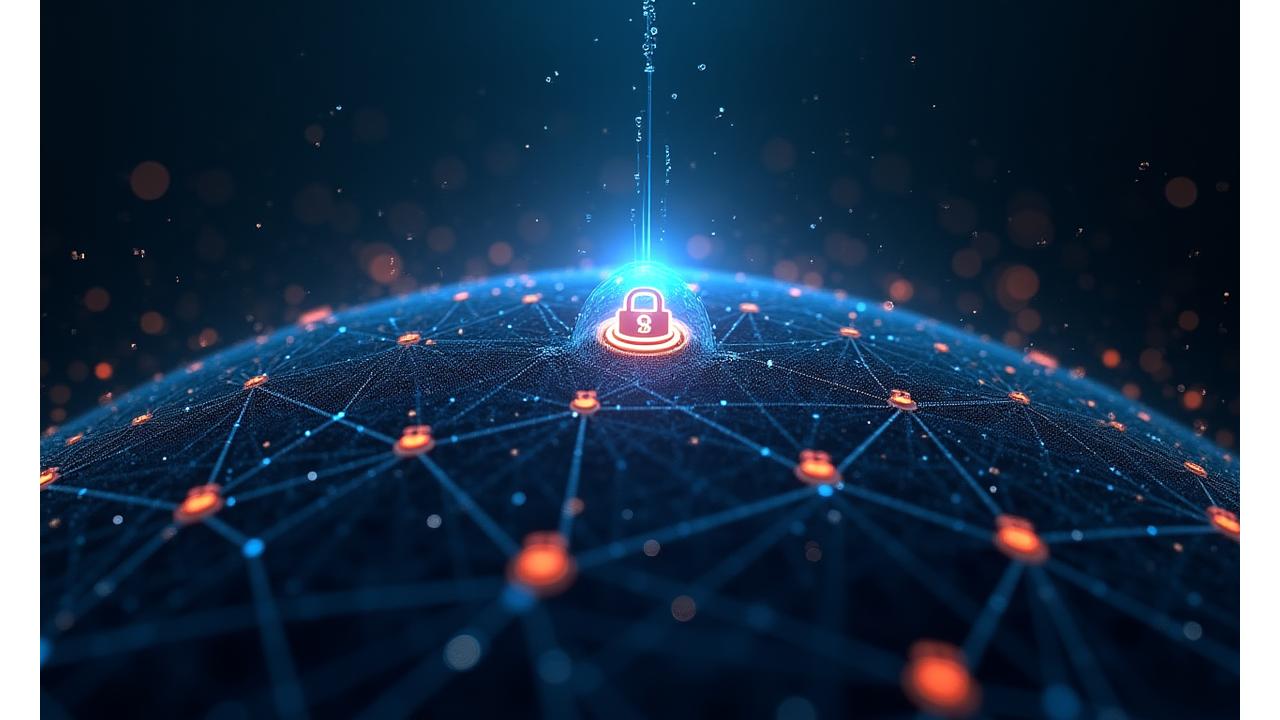 Abstract network of secure connections and data locks, glowing blue and green, representing robust cybersecurity