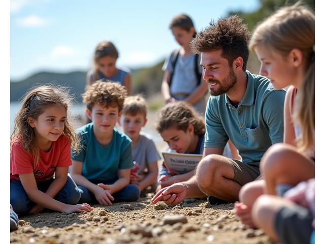 Group of adults and children learning about marine life with an instructor