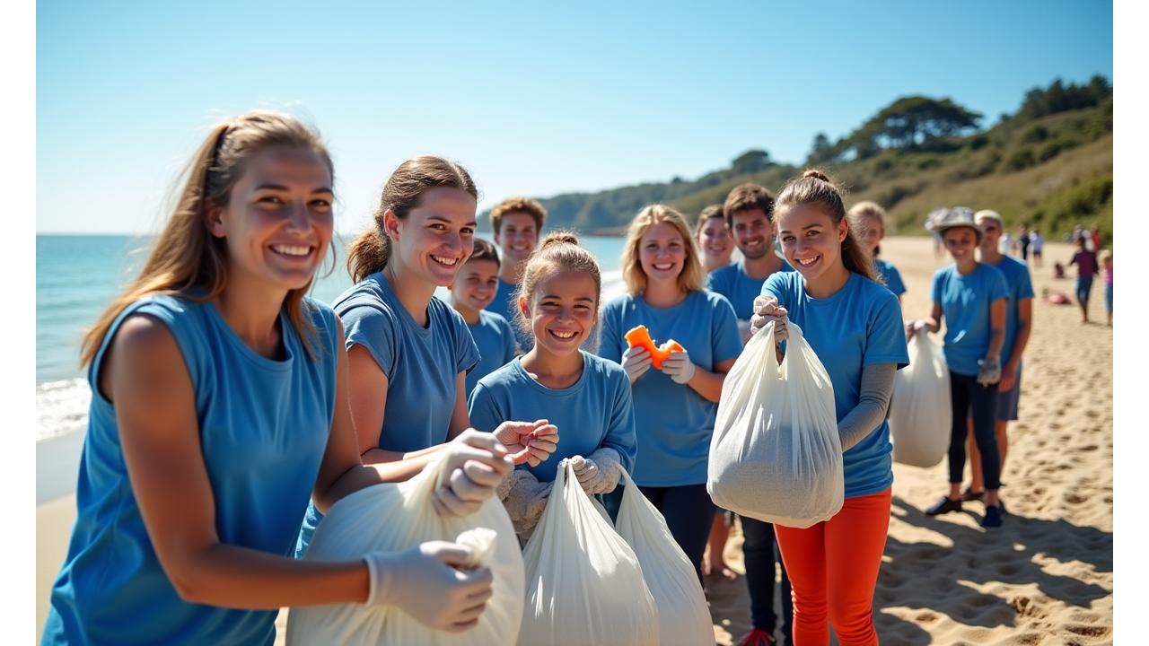 Diverse group of volunteers participating in a coastal cleanup event