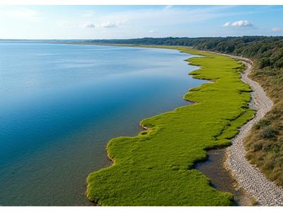 Coastal estuary landscape at low tide, with thriving seagrass beds